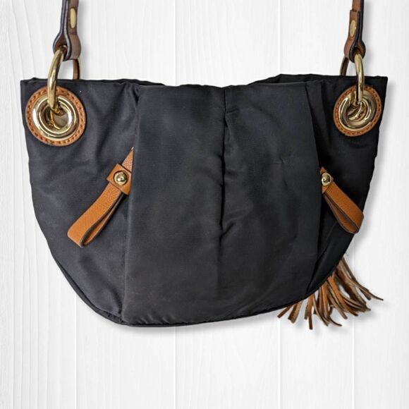 Vince Camuto Womens Sling Bag Adjustable Strap Tasseled Black and Brown - Picture 4 of 7